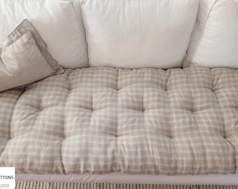 SOFA TOPPER MAT, Linen Window Seat Cushion, Custom Sizes Available, Furniture Protection Mat For Pets, Washable Covers in Natural Tones