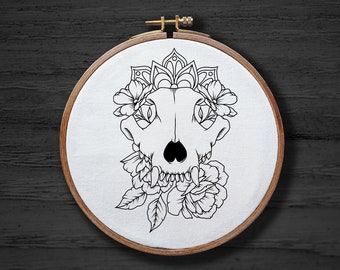 Patrón de bordado a mano de calavera mandala, patrón de bordado a mano de esqueleto animal, patrón espeluznante espeluznante de Halloween gótico PDF