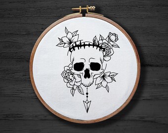 Patrón de bordado a mano de calavera con corona, patrón de bordado a mano de esqueleto animal, patrón DIGITAL de bordado gótico de Halloween PDF