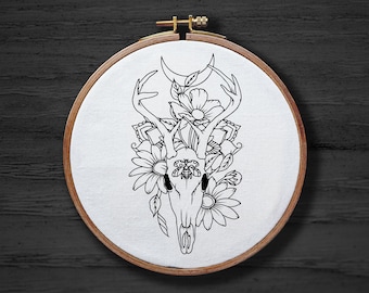 Deer Skull With Flowers Hand Embroidery Pattern , Animal Skeleton Hand Embroidery Pattern , Goth Halloween Embrodiery DIGITAL Pattern PDF