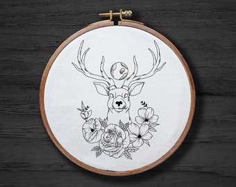 Deer Hand Embroidery Pattern , Cute Floral Animal Pattern , Animal Head With Flowers Pattern , Hand Embroidery Pattern For Beginners