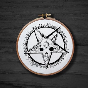 Gothic Skeleton Pentagram Hand Embroidery Pattern , Goth Witchy Scary Hand Embroidery Pattern , Halloween Spooky Mushrooms Pentagram