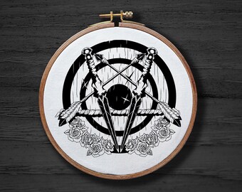 Pentagram With Flowers Hand Embroidery Pattern , Goth Witchy Hand Embroidery Pattern , Archer Ranger Arrow Pentagram