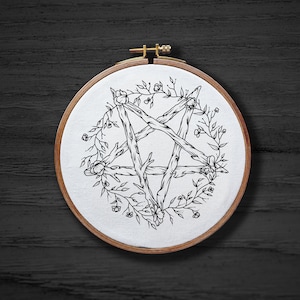 Pentagram With Flowers Hand Embroidery Pattern , Goth Witchy Hand Embroidery Pattern , Nature leaves Pentagram