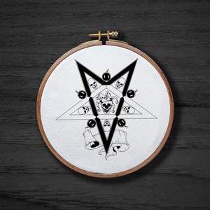 Gothic Skeleton Pentagram Hand Embroidery Pattern , Goth Witchy Demon Hand Embroidery Pattern , Halloween Scary Clown Skull Pentagram