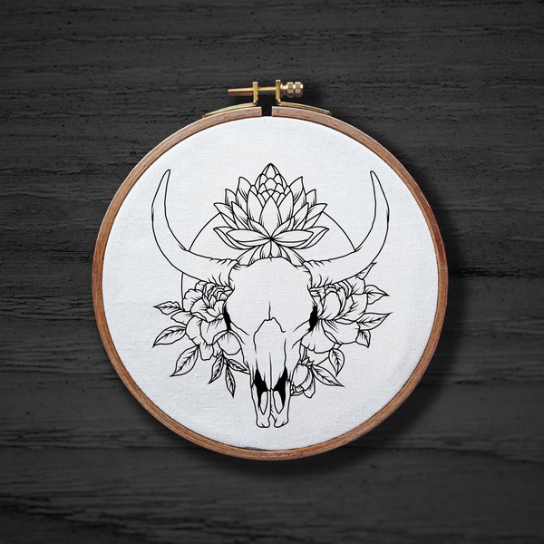 Bull Skull With Flowers Hand Embroidery Pattern , Animal Skeleton Hand Embroidery Pattern , Goth Halloween Embrodiery DIGITAL Pattern PDF