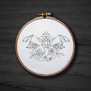 Bat Hand Embroidery Jellyfish , Floral Animal Pattern , Halloween Hand Embroidery Pattern For Beginners , Flower Pattern