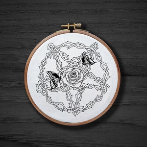 Pentagram With Flowers Hand Embroidery Pattern , Goth Witchy Hand Embroidery Pattern , Butterfly Roses Vines Pentagram