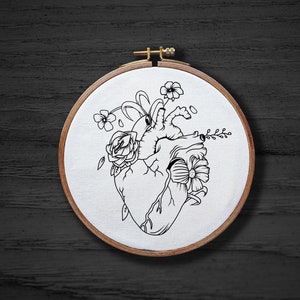Floral Heart Hand Embroidery Pattern , Flower Anatomical Hand Embroidery Pattern , Gothic Halloween Nature DIGITAL Pattern PDF