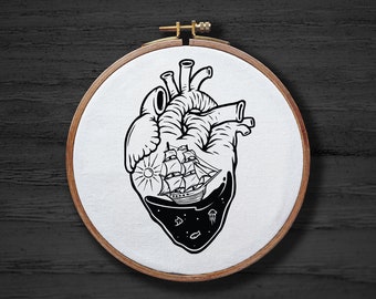 Anatomy Heart Ship Embroidery Pattern, Fantasy Art (PDF Pattern)