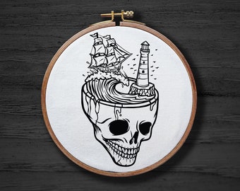 Patrón de bordado de barco con calavera, diseño gótico oceánico (PDF)