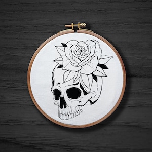 Skull With a Rose Hand Embroidery Pattern , Skeleton Flower Hand Embroidery Pattern , Goth Floral Embrodiery DIGITAL Pattern PDF