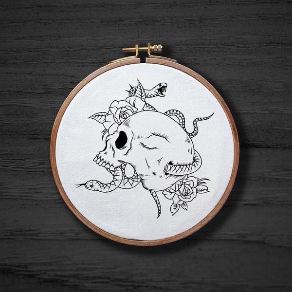 Skull With Snakes Hand Embroidery Pattern , Animal Skeleton Hand Embroidery Pattern , Goth Halloween Embrodiery DIGITAL Pattern PDF