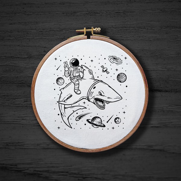 Astronaut Riding a Shark in Space Hand Embroidery Pattern , Fantasy Embroidery Pattern , Galaxy DIGITAL Pattern PDF