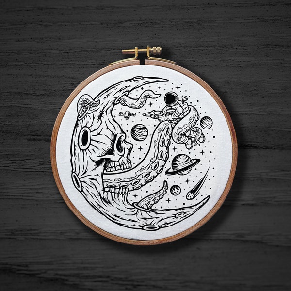 Astronaut vs Moon Hand Embroidery Pattern , Fantasy Embroidery Pattern , Goth Halloween Embrodiery , Space Galaxy Pattern PDF