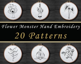 20 Gothic Botanical Hand Embroidery Pattern Bundle , Flower Monsters Embroidery Pattern Set , Halloween Scary Skull Embroidery