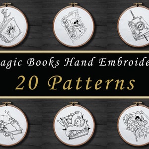 20 Magic Books Hand Embroidery Pattern Set , Halloween Gothic Grimoires Embroidery Pattern , Witchy Skeleton Fantasy , Dark Magic Pattern