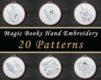 20 Magic Books Hand Embroidery Pattern Set , Halloween Gothic Grimoires Embroidery Pattern , Witchy Skeleton Fantasy , Dark Magic Pattern