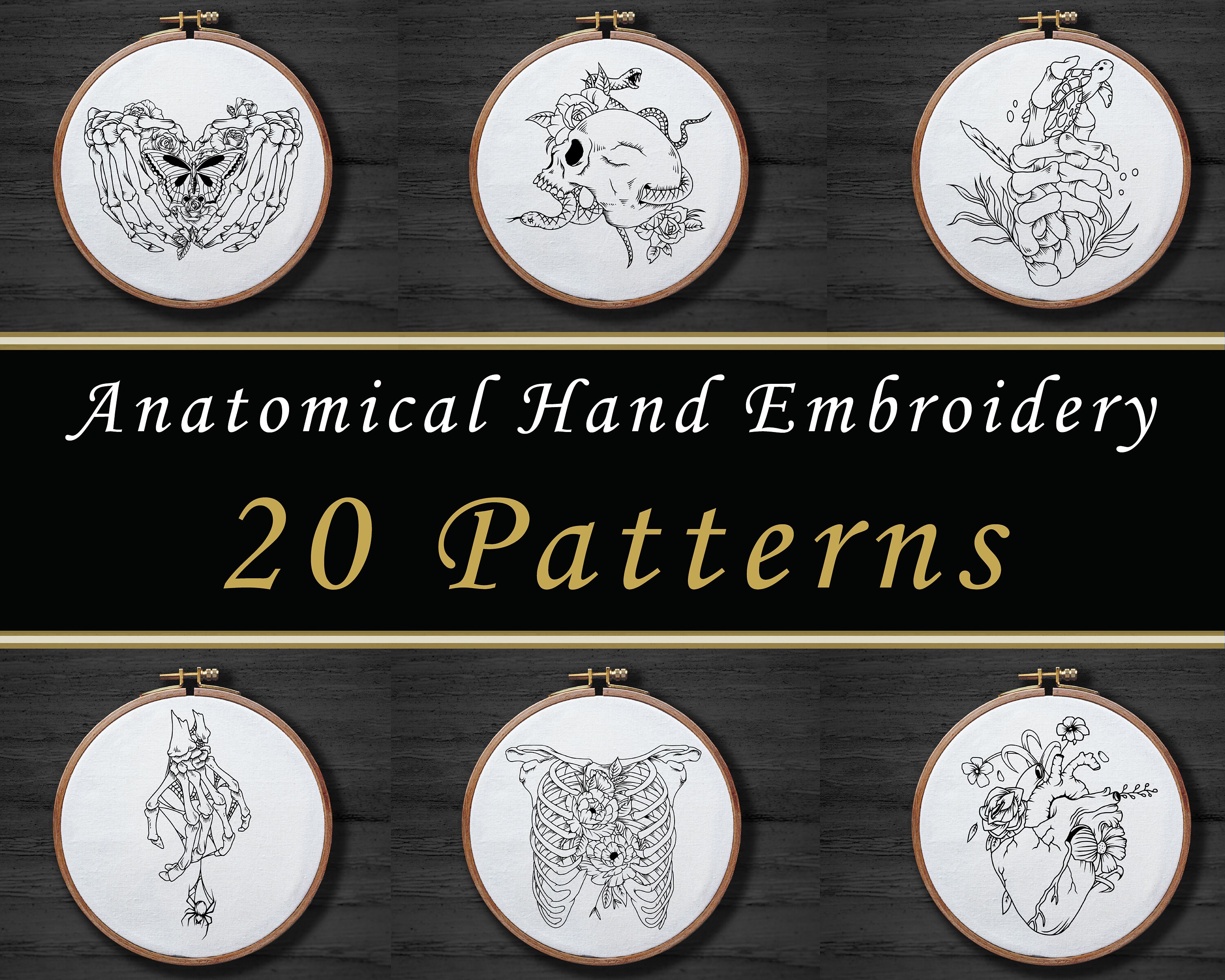 20 Gothic Anatomical Hand Embroidery Pattern Bundle , Skeleton Body Parts Embroidery Pattern Set , Hand Heart Ribs Skull Patterns