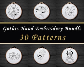 30 Gothic Hand Embroidery Pattern Bundle , Funny Skeleton Embroidery Pattern Set , Halloween Embroidery , Space Astronaut Pattern PDF