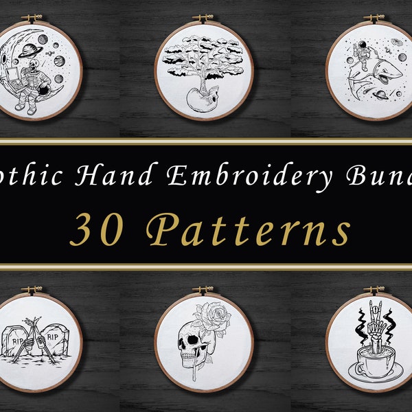 30 Gothic Hand Stickmuster Bundle , Lustige Skelett Stickmuster Set , Halloween Stickerei , Weltraum Astronaut Muster PDF