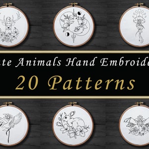 20 Cute Animals Hand Embroidery Pattern Set , Flower Rabbit Embroidery Pattern , Fox Wolf Pattern , Fish Jellyfish Pattern image 1