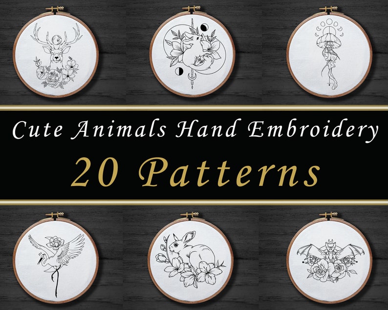 20 Cute Animals Hand Embroidery Pattern Set , Flower Rabbit Embroidery Pattern , Fox Wolf Pattern , Fish Jellyfish Pattern image 1
