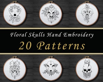 Patrón de bordado a mano de calaveras florales, diseños de demonios góticos (patrón PDF)