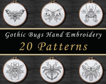 20 Gothic Bugs Hand Embroidery Pattern Bundle , Skull Butterfly Embroidery Pattern Set , Halloween Embroidery , Dragonfly Scary Pattern PDF