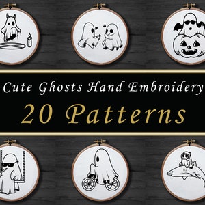 May include: 20 cute ghost hand embroidery patterns. The patterns feature ghosts in various poses, including riding a bike, on a swing, and riding a shark.