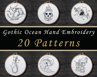 20 Paquete de patrones de bordado a mano del océano gótico, Conjunto de patrones de bordado de sirena esqueleto, Bordado de pulpo Kraken, Cráneo de animal