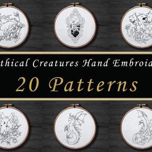20 Mythical Animals Hand Embroidery Pattern Set , Unicorn Embroidery Pattern , Dragon Phoenix Fantasy Pattern , Witchy Creatures Designs