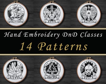 14 DnD Classes Hand Embroidery Pattern Set , Warrior Fighter Monk Pattern , Goth Warlock Wizard Embroidery Pattern