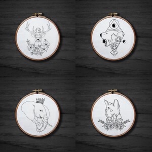 20 Cute Animals Hand Embroidery Pattern Set , Flower Rabbit Embroidery Pattern , Fox Wolf Pattern , Fish Jellyfish Pattern image 8