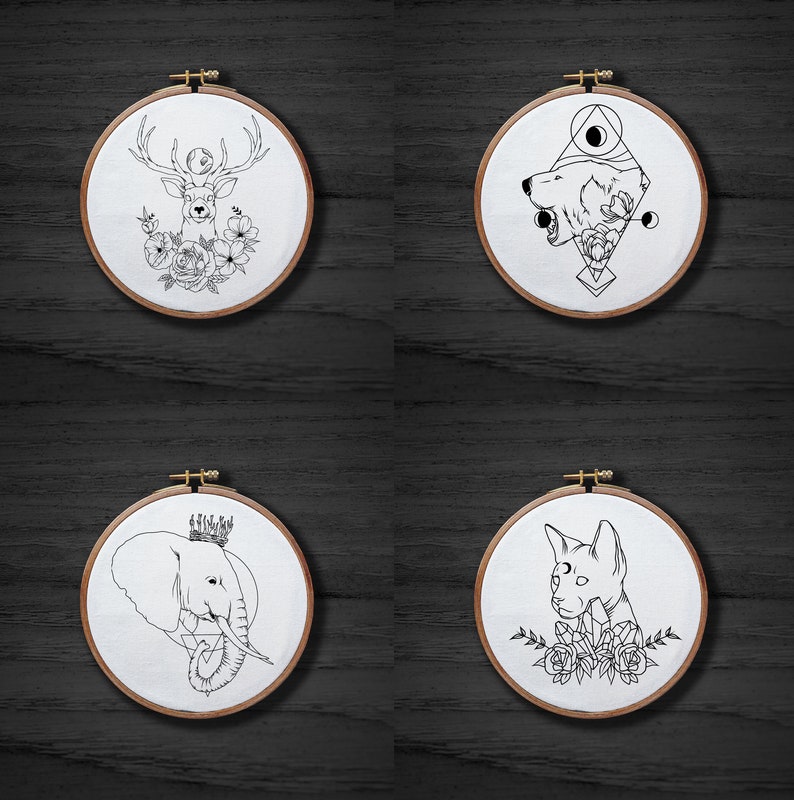 20 Cute Animals Hand Embroidery Pattern Set , Flower Rabbit Embroidery Pattern , Fox Wolf Pattern , Fish Jellyfish Pattern image 8