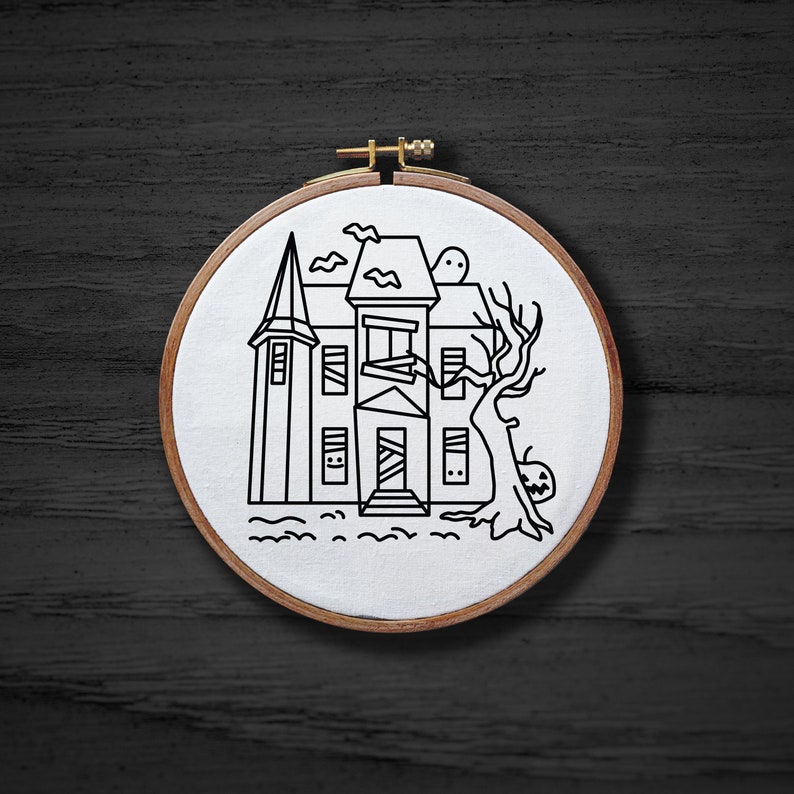 Haunted House Hand Embroidery Pattern, Halloween Ghost Bats (PDF ...
