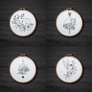 20 Cute Animals Hand Embroidery Pattern Set , Flower Rabbit Embroidery Pattern , Fox Wolf Pattern , Fish Jellyfish Pattern image 9