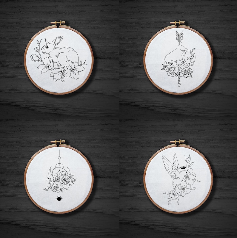 20 Cute Animals Hand Embroidery Pattern Set , Flower Rabbit Embroidery Pattern , Fox Wolf Pattern , Fish Jellyfish Pattern image 9