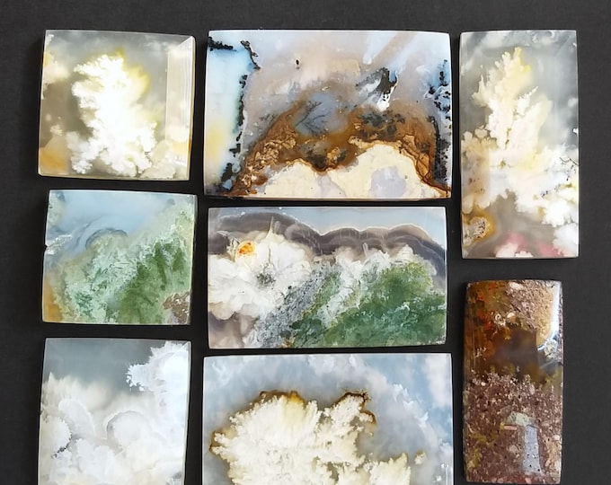 Featured listing image: Lot, Moss Agate cabochons for jewelry making, Square shaped, Natural mineral, Plume and landscape pattern, 8 pieces collection