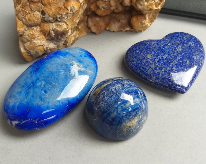 Featured listing image: Lapis Lazuli 3 pcs Lot Heart Palm Stone Sphere Pyrite Lazurite Crystal Mineral Collection Polished Natural Home Decoration Healing