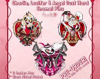 Charlie, Lucifer & Angel Dust 3 Inch Enamel Pins [PRE-ORDER]