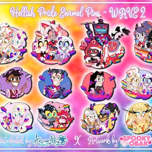 Op de afbeelding: Een collectie van veertien kleurrijke emaille pins met illustraties van geanimeerde personages en pride-vlagmotieven. De tekst luidt Hellish Pride Enamel Pins - WAVE 2, Distributed by: AzureLily X Artwork by: SPOOKY OBAK. De pins zijn in een raster geplaatst.