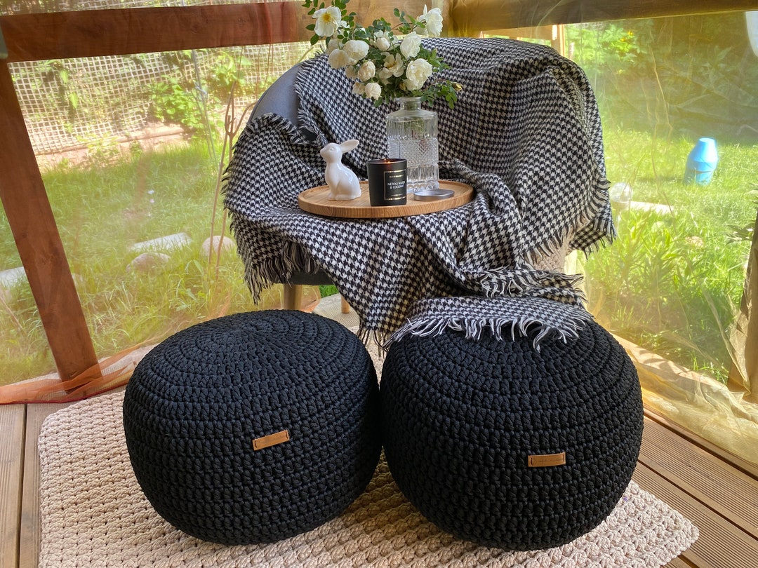 Black Outdoor Pouf Ottoman Crocheted Stuffed Round Ottoman Outdoor ...
