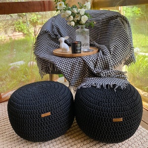 Black outdoor pouf ottoman crocheted Stuffed round ottoman Outdoor cushion pouf foot stool Handmade ottoman as a gift