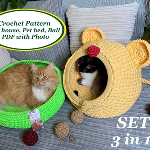 May include: A crochet pet house and bed set, including a ball toy. The set features a lime green pet bed and a yellow mouse-shaped house. The image includes the text "Crochet Pattern Pet house, Pet bed, Ball PDF with Photo" and "SET 3 in 1".