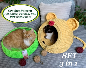 May include: A crochet pet house and bed set, including a ball toy. The set features a lime green pet bed and a yellow mouse-shaped house. The image includes the text "Crochet Pattern Pet house, Pet bed, Ball PDF with Photo" and "SET 3 in 1".
