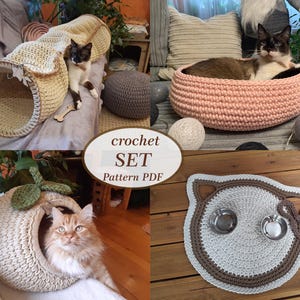 Set crochet cat house tunnel bed placemat Digital tutorial manual PDF Format with photo + video Crochet cat furniture pattern cat lover gift