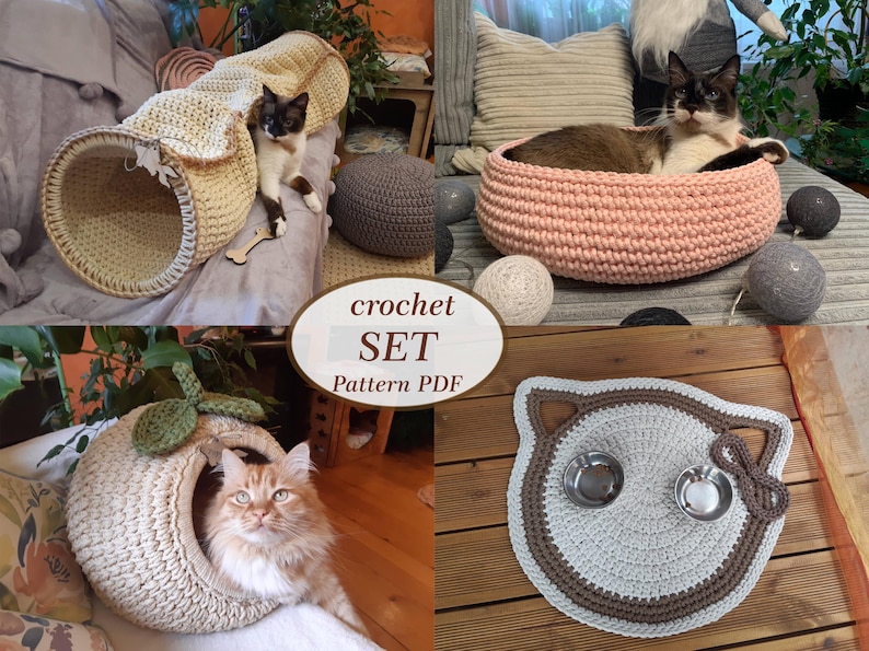 Crochet Cat House, Tunnel, Bed & Placemat Pattern Set (pdf+video) - Etsy