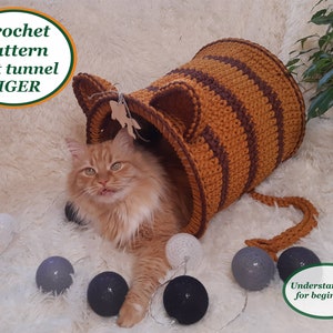 Crochet cat tunnel Tiger Digital instruction manual in PDF format Pet furniture Handmade crochet lover gift Handmade cat lover gift