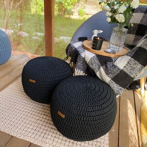 Black Outdoor Pouf Ottoman Crocheted Stuffed Round Ottoman Outdoor ...